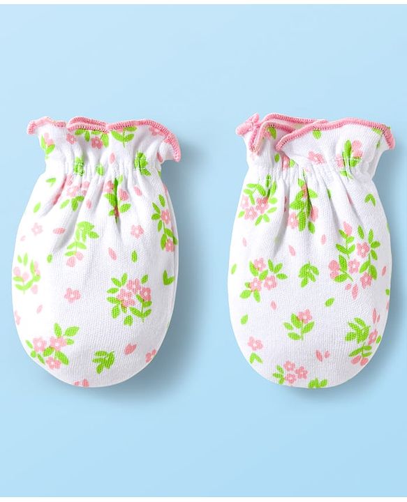 Babyhug 100% Cotton Mittens & Booties With Floral Print - White