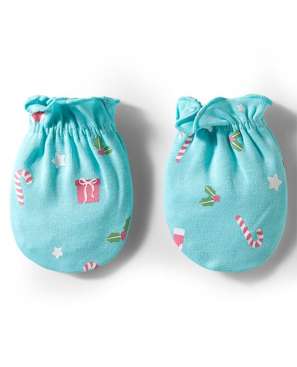 Babyhug 100% Cotton Mittens & Booties With Floral Print - Light Blue