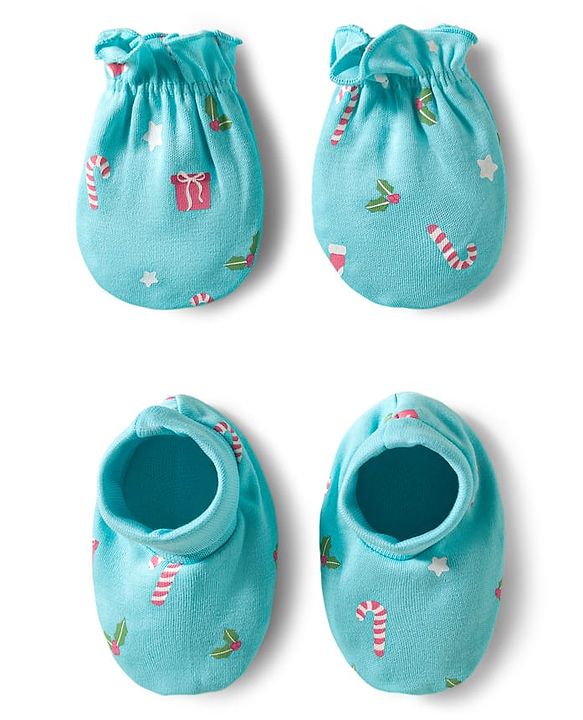 Babyhug 100% Cotton Mittens & Booties With Floral Print - Light Blue