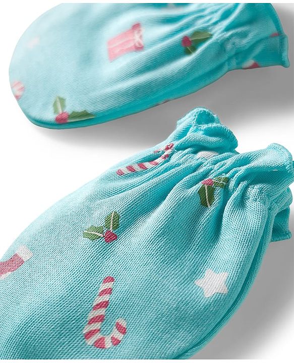 Babyhug 100% Cotton Mittens & Booties With Floral Print - Light Blue