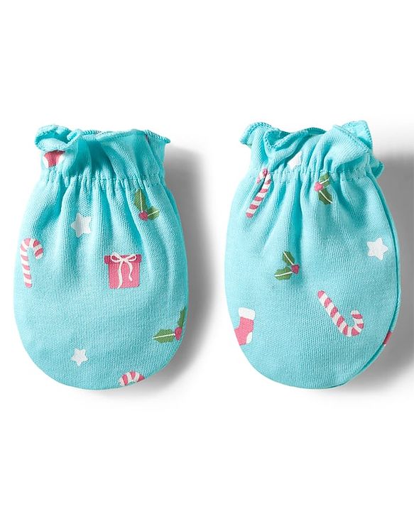 Babyhug 100% Cotton Mittens & Booties With Floral Print - Light Blue