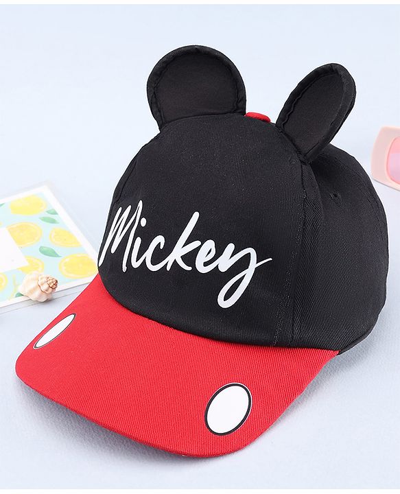 Babyhug Disney Cotton Woven Summer Cap with Mickey Mouse Graphic & 3D Ear Black - Diameter 17 cm