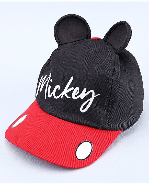 Babyhug Disney Cotton Woven Summer Cap with Mickey Mouse Graphic & 3D Ear Black - Diameter 17 cm
