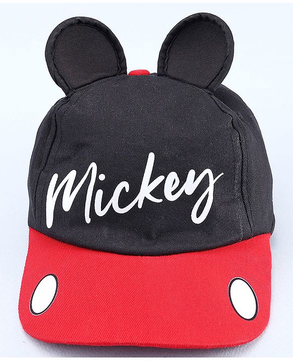 Babyhug Disney Cotton Woven Summer Cap with Mickey Mouse Graphic & 3D Ear Black - Diameter 17 cm