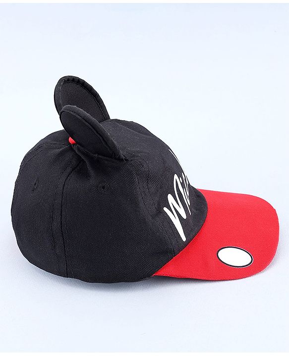 Babyhug Disney Cotton Woven Summer Cap with Mickey Mouse Graphic & 3D Ear Black - Diameter 17 cm