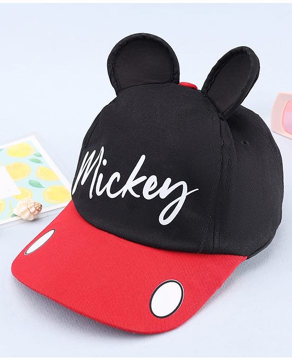 Babyhug Disney Cotton Woven Summer Cap with Mickey Mouse Graphic & 3D Ear Black - Diameter 16.5 cm
