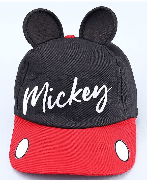 Babyhug Disney Cotton Woven Summer Cap with Mickey Mouse Graphic & 3D Ear Black - Diameter 16.5 cm
