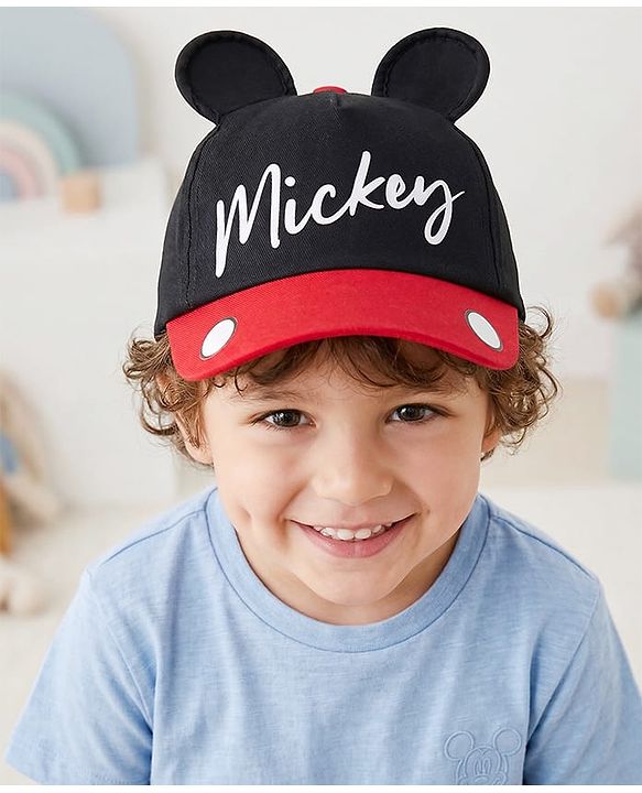 Babyhug Disney Cotton Woven Summer Cap with Mickey Mouse Graphic & 3D Ear Black - Diameter 16.5 cm