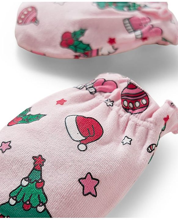 Babyhug 100% Cotton Mittens & Booties With Christmas Print - Pink