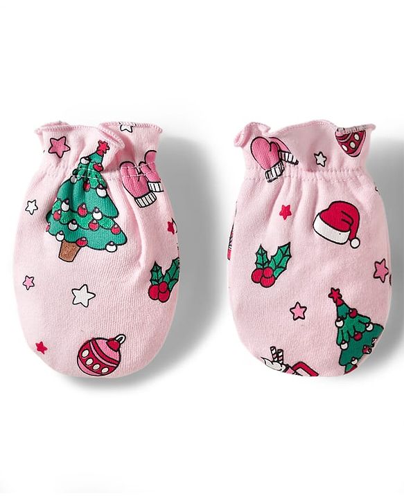 Babyhug 100% Cotton Mittens & Booties With Christmas Print - Pink