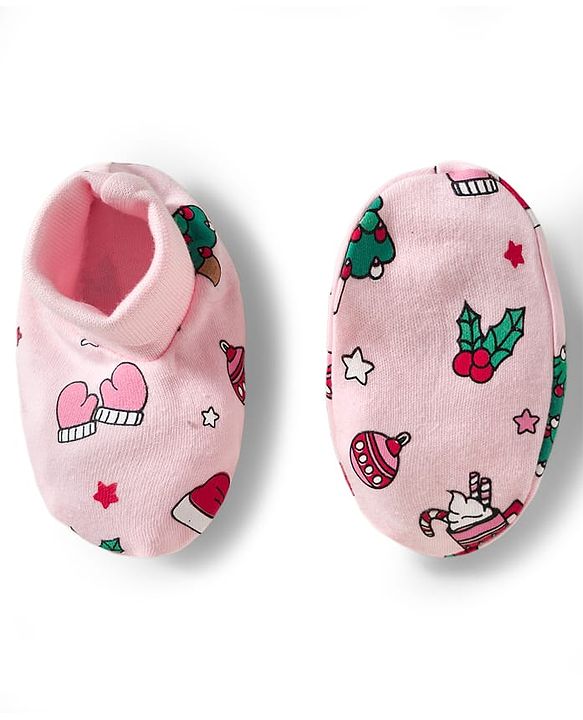 Babyhug 100% Cotton Mittens & Booties With Christmas Print - Pink