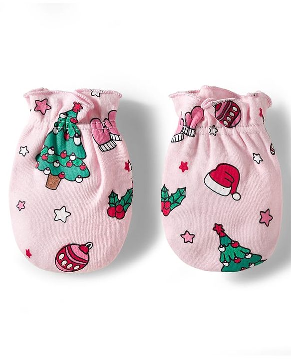 Babyhug 100% Cotton Mittens & Booties With Christmas Print - Pink