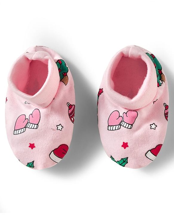 Babyhug 100% Cotton Mittens & Booties With Christmas Print - Pink