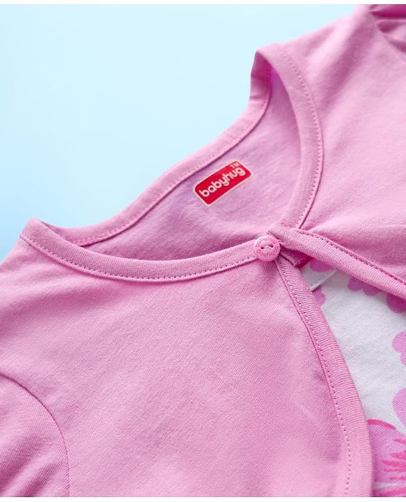 Babyhug Single Jersey Knit Half Sleeves Frock With Shrug With  Floral Print - Pink & White