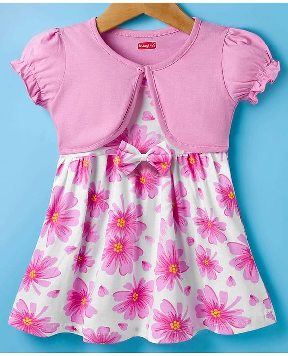 Babyhug Single Jersey Knit Half Sleeves Frock With Shrug With  Floral Print - Pink & White