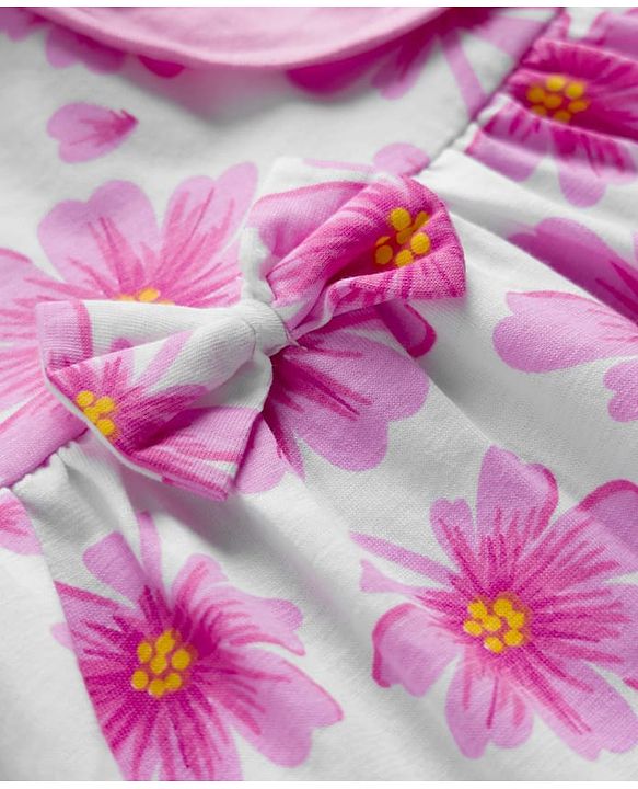 Babyhug Single Jersey Knit Half Sleeves Frock With Shrug With  Floral Print - Pink & White