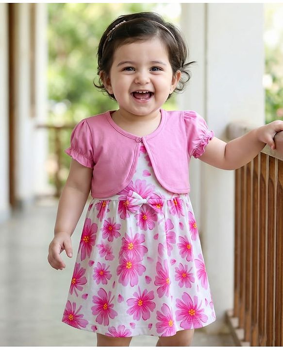 Babyhug Single Jersey Knit Half Sleeves Frock With Shrug With  Floral Print - Pink & White