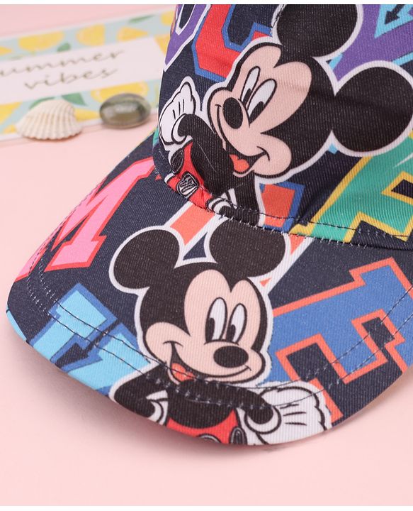 Babyhug Disney Cotton Woven Summer Cap with Mickey Mouse Graphic Blue - Diameter 15 cm