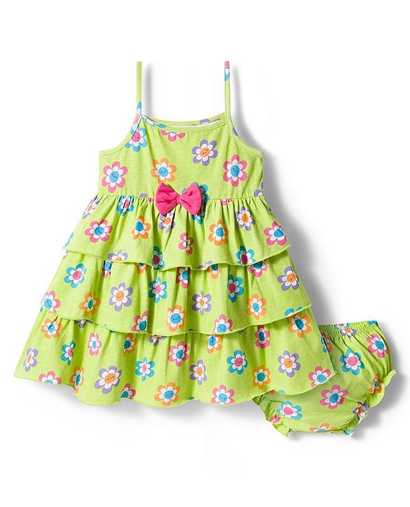 Babyhug Single Jersey Knit Sleeveless Frock With Floral Print & Bloomer - Light Green
