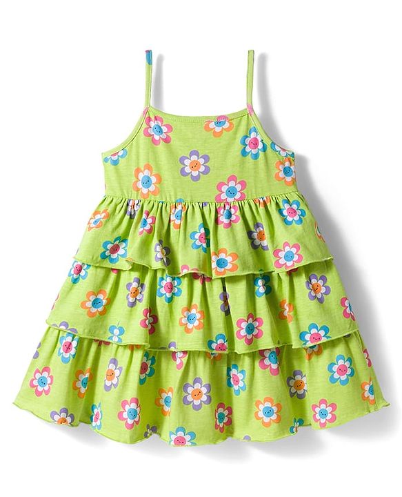 Babyhug Single Jersey Knit Sleeveless Frock With Floral Print & Bloomer - Light Green