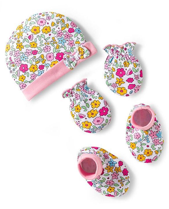 Babyhug 100% Cotton Interlock Knit Cap Mittens & Booties & Floral Print Pink - Diameter 13.75 cm