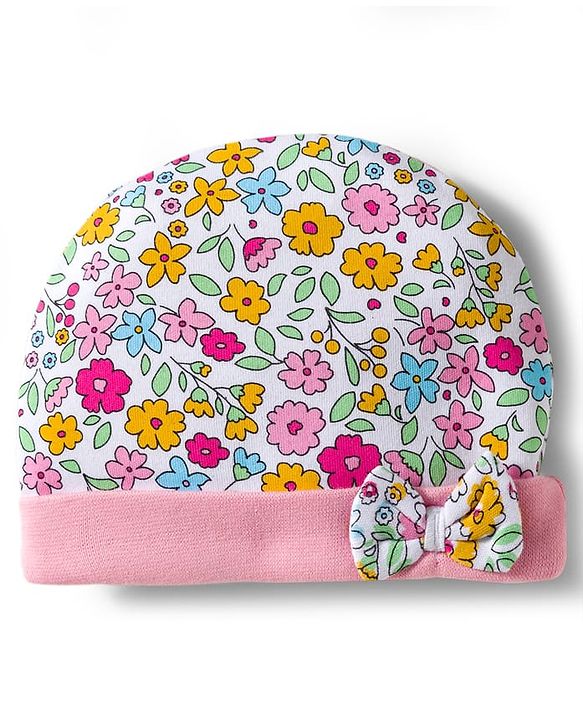 Babyhug 100% Cotton Interlock Knit Cap Mittens & Booties & Floral Print Pink - Diameter 13.75 cm