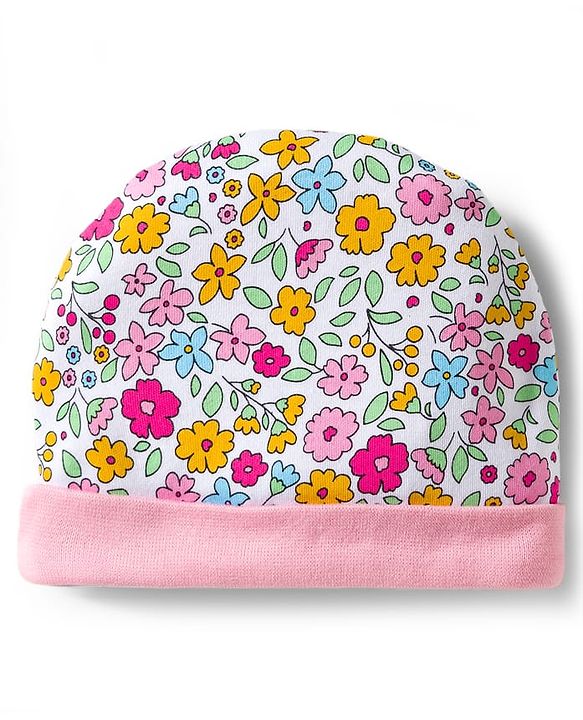 Babyhug 100% Cotton Interlock Knit Cap Mittens & Booties & Floral Print Pink - Diameter 13.75 cm