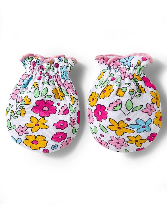 Babyhug 100% Cotton Interlock Knit Cap Mittens & Booties & Floral Print Pink - Diameter 13.75 cm
