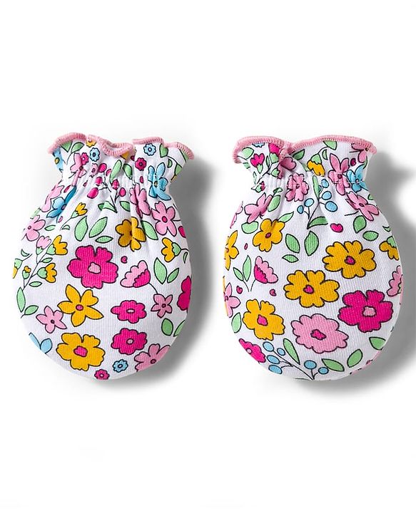 Babyhug 100% Cotton Interlock Knit Cap Mittens & Booties & Floral Print Pink - Diameter 13.75 cm