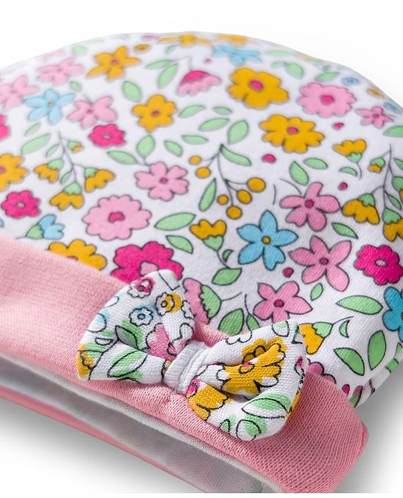 Babyhug 100% Cotton Interlock Knit Cap Mittens & Booties & Floral Print Pink - Diameter 13.75 cm