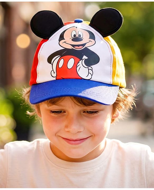 Babyhug Disney Cotton Woven Cap With Mickey Mouse Graphics Navy Blue - Diameter 19 cm
