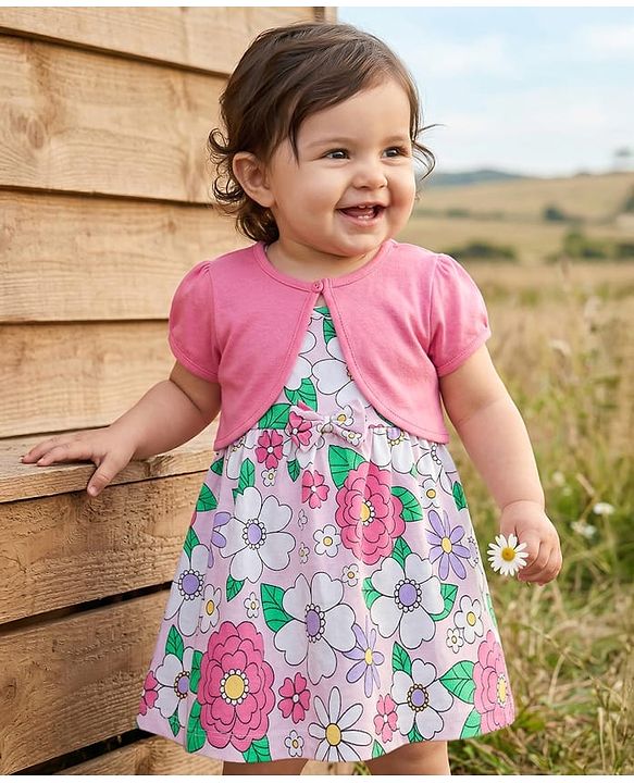 Babyhug Single Jersey Knit Frock & Half Sleeves Shrug With Floral Print - White & Pink