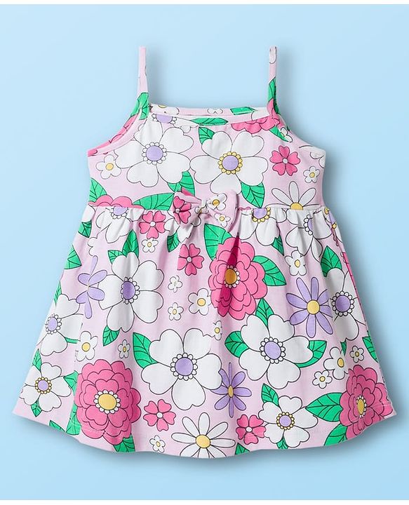 Babyhug Single Jersey Knit Frock & Half Sleeves Shrug With Floral Print - White & Pink