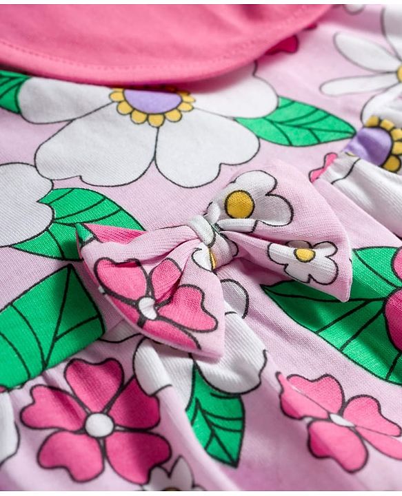 Babyhug Single Jersey Knit Frock & Half Sleeves Shrug With Floral Print - White & Pink