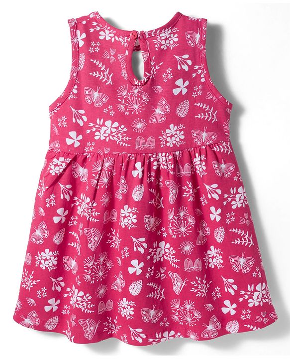 Babyhug Single Jersey Knit Sleeves Floral Printed Frock with Bow Applique - Pink