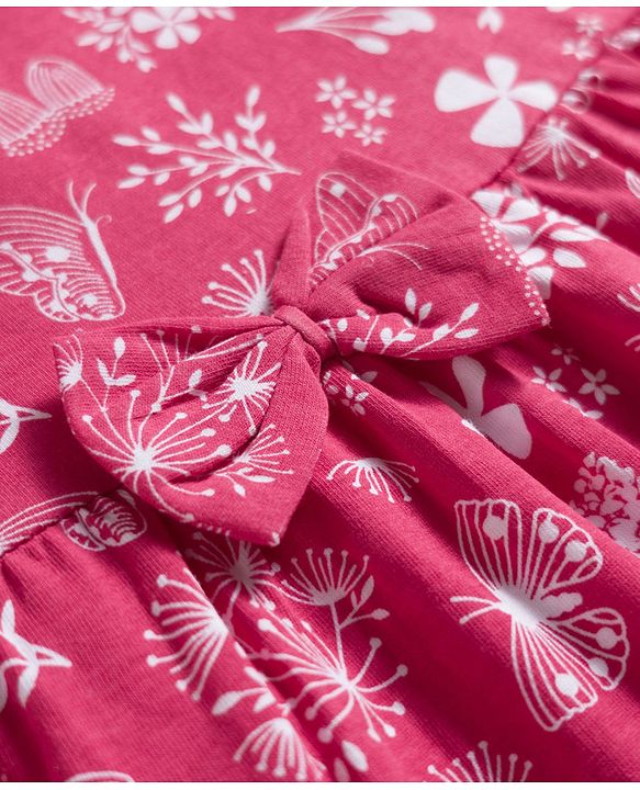 Babyhug Single Jersey Knit Sleeves Floral Printed Frock with Bow Applique - Pink
