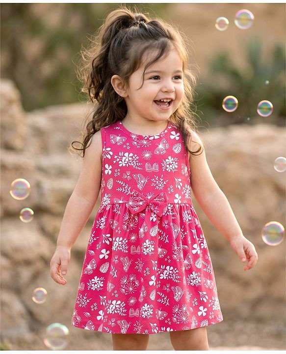 Babyhug Single Jersey Knit Sleeves Floral Printed Frock with Bow Applique - Pink