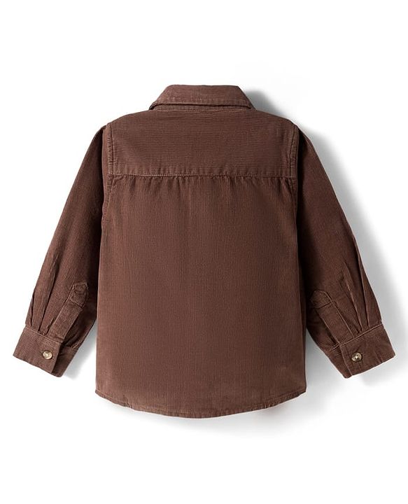 Babyhug  Cotton Woven Full Sleeve Solid Colour Corduroy Shirt with Bear Embroidery - Brown
