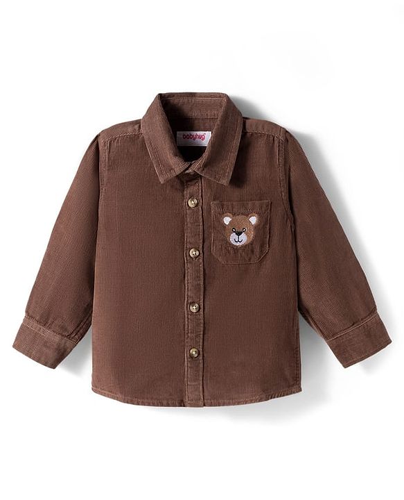Babyhug  Cotton Woven Full Sleeve Solid Colour Corduroy Shirt with Bear Embroidery - Brown