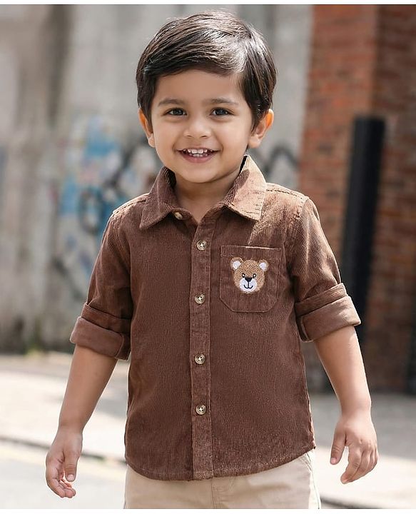 Babyhug  Cotton Woven Full Sleeve Solid Colour Corduroy Shirt with Bear Embroidery - Brown