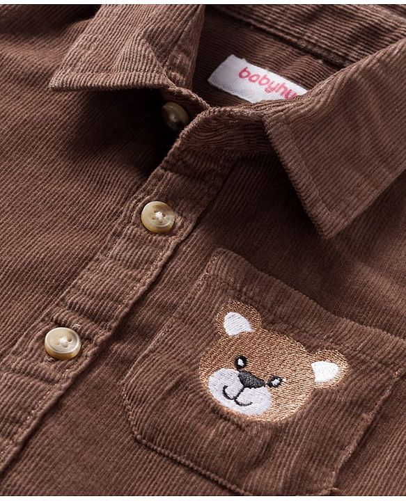 Babyhug  Cotton Woven Full Sleeve Solid Colour Corduroy Shirt with Bear Embroidery - Brown