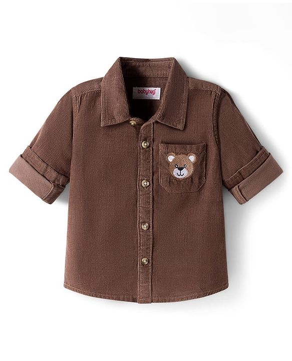 Babyhug  Cotton Woven Full Sleeve Solid Colour Corduroy Shirt with Bear Embroidery - Brown