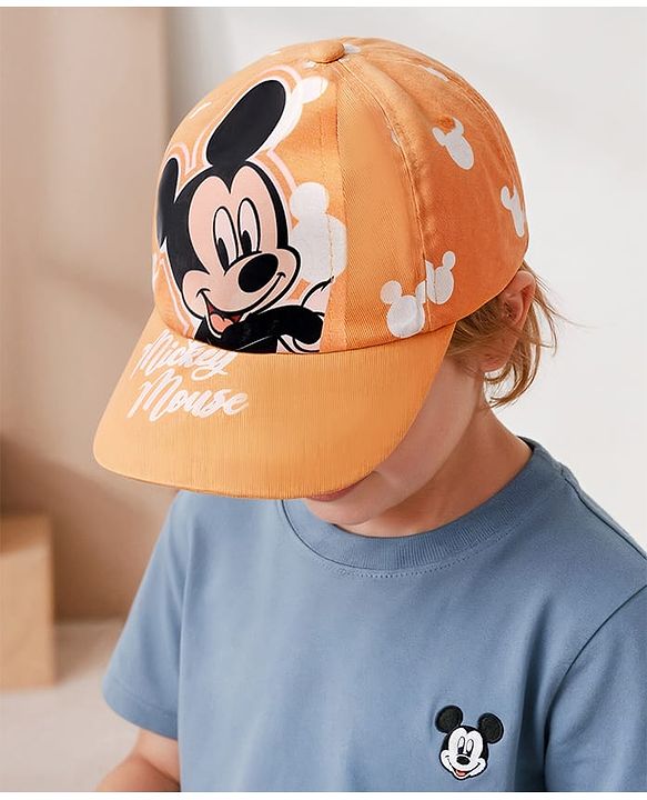 Babyhug Disney Cotton Woven Summer Cap With Mickey Mouse Graphics Yellow - Diameter 17 cm