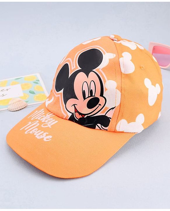 Babyhug Disney Cotton Woven Summer Cap With Mickey Mouse Graphics Yellow - Diameter 17 cm