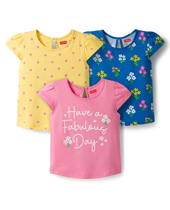 Babyhug 100% Cotton Knit Half Sleeves T-Shirts With Floral & Polka Dot Print Pack of 3 - Pink Navy Blue & Yellow