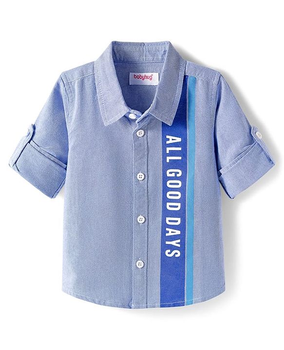 Babyhug Cotton Woven Full Sleeve Text Printed Cut & Sew Shirt - Blue