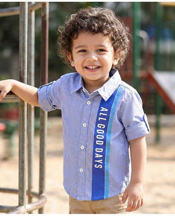 Babyhug Cotton Woven Full Sleeve Text Printed Cut & Sew Shirt - Blue