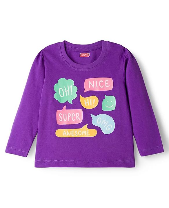 Babyhug Knit Full Sleeves Night Suit With Text Print - Purple