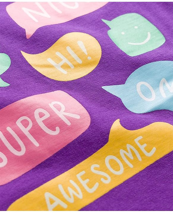 Babyhug Knit Full Sleeves Night Suit With Text Print - Purple