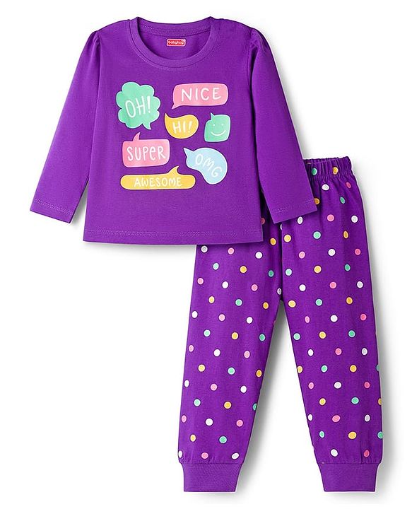 Babyhug Knit Full Sleeves Night Suit With Text Print - Purple
